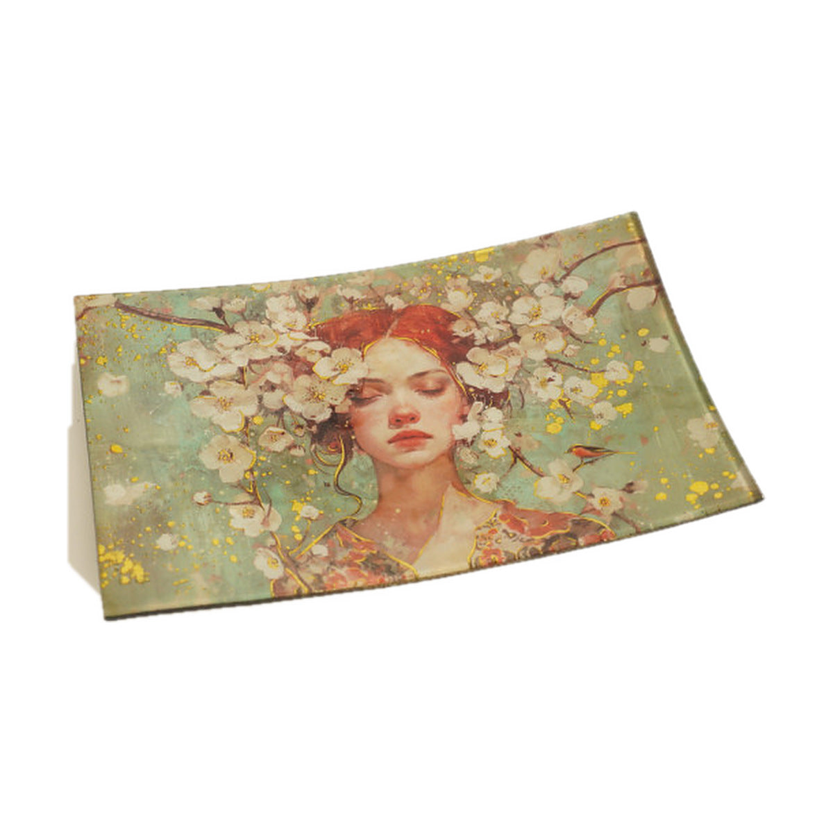 Plateau vide poche rectangulaire portrait fleuri - Vert