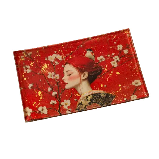Plateau vide poche rectangulaire portrait fleuri - Vert