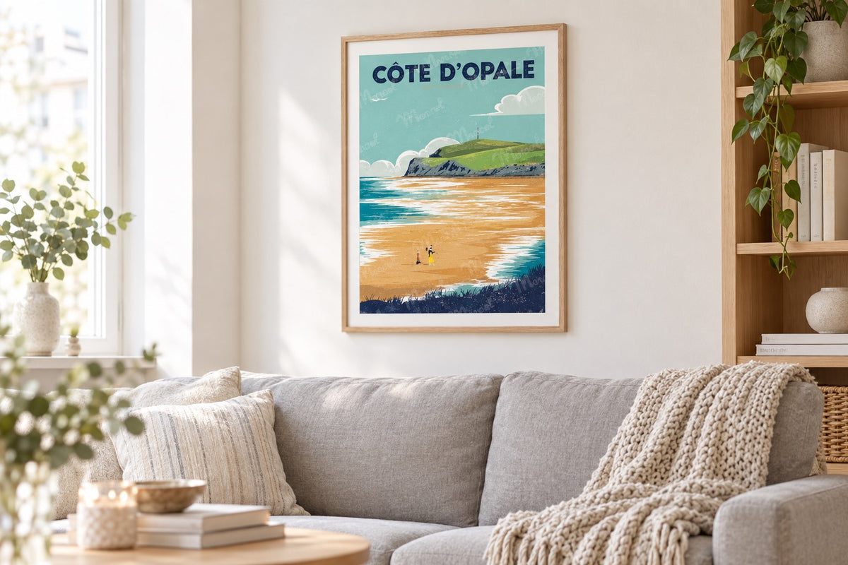 Affiche Côte d'Opale Cap Blanc-Nez encadrée au-dessus d'un canapé gris dans un salon lumineux