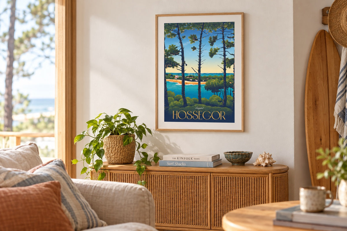 Affiche Hossegor encadrée dans un salon esprit cabane de surf au-dessus d'une console en rotin