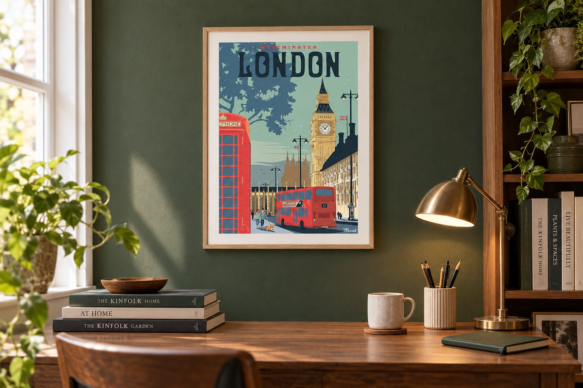 Affiche Londres Westminster encadrée au-dessus d'un bureau en noyer dans un bureau vert foncé