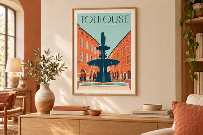 Affiche Toulouse Place Salengro encadrée au-dessus d'un buffet en chêne dans un salon chaleureux