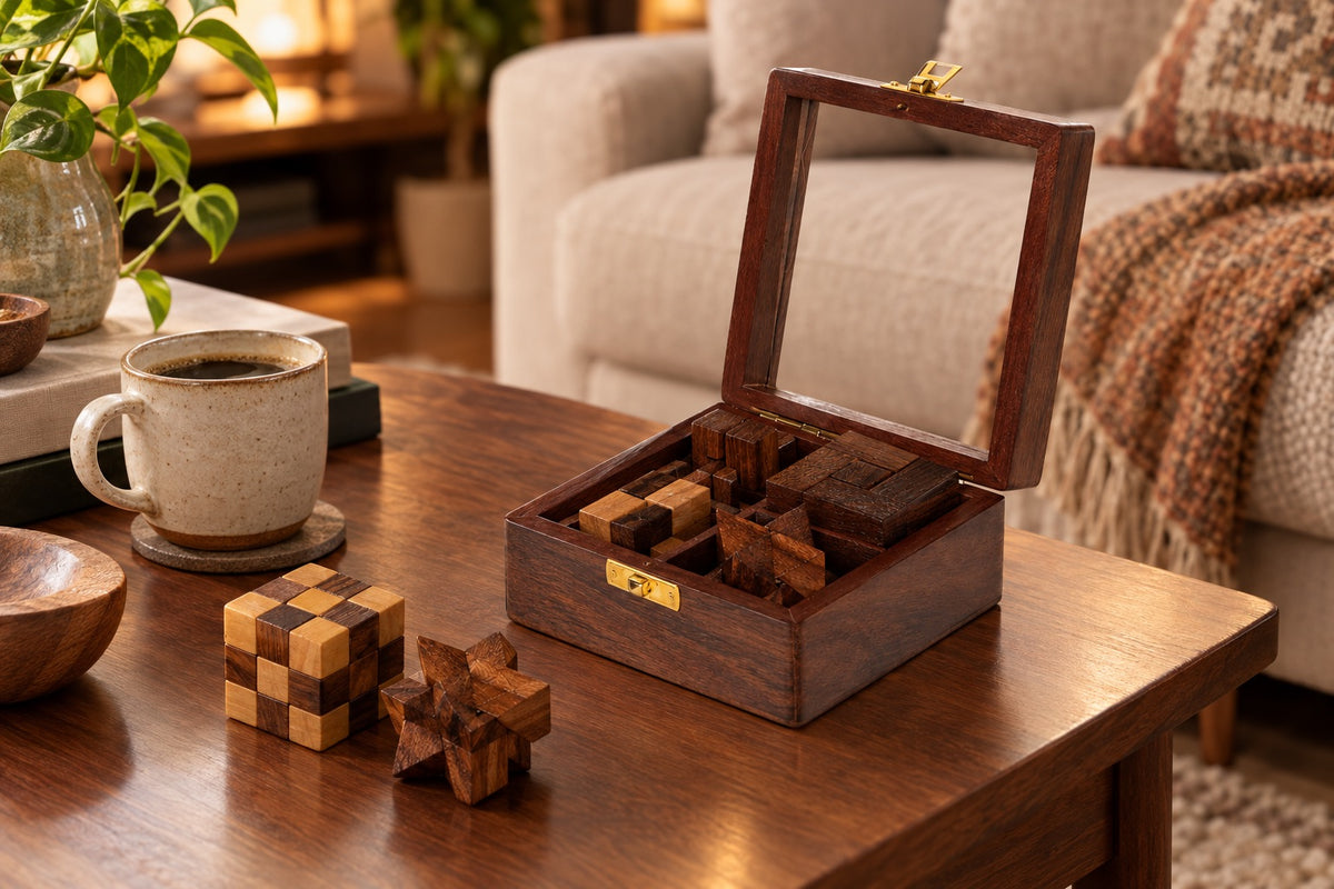Boîte de casse-tête en bois ouverte sur une table basse