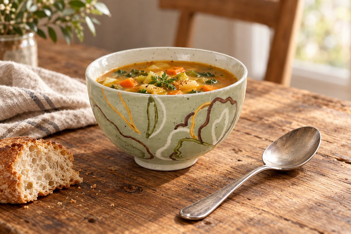 Bol zen en grès crème à motif floral vert avec une soupe sur une table en bois
