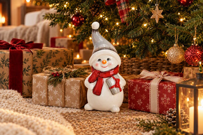 Bonhomme de neige cadeau MM blanc et gris dans une décoration de Noël
