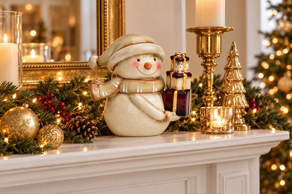 Bonhomme de neige en céramique ivoire nacré dans une décoration de Noël