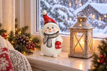 Bonhomme de neige lanterne PM blanc et rouge dans une décoration de Noël