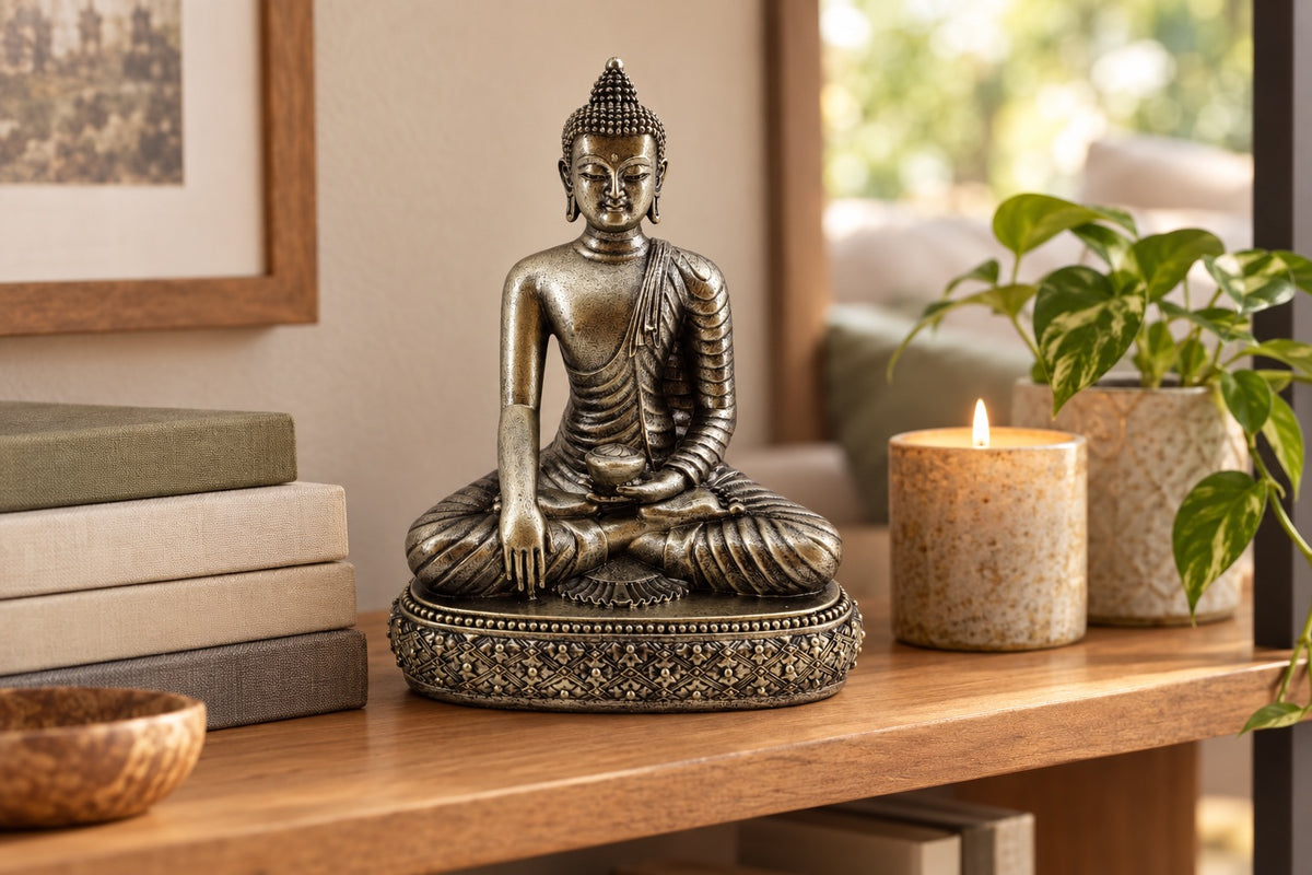 Statue Bouddha argent vieilli posée sur une étagère en bois dans un salon apaisant