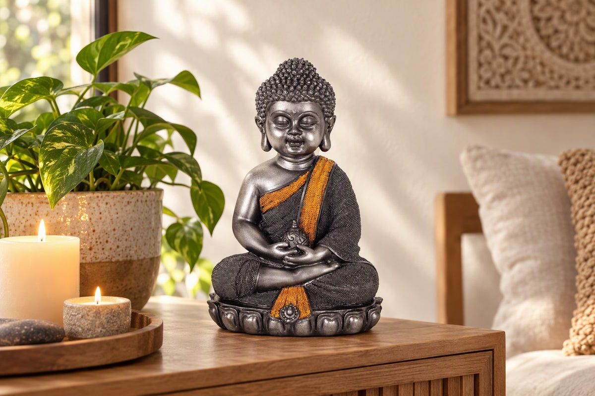 Statue Bouddha gris et orange posée sur une console près de bougies dans un coin zen