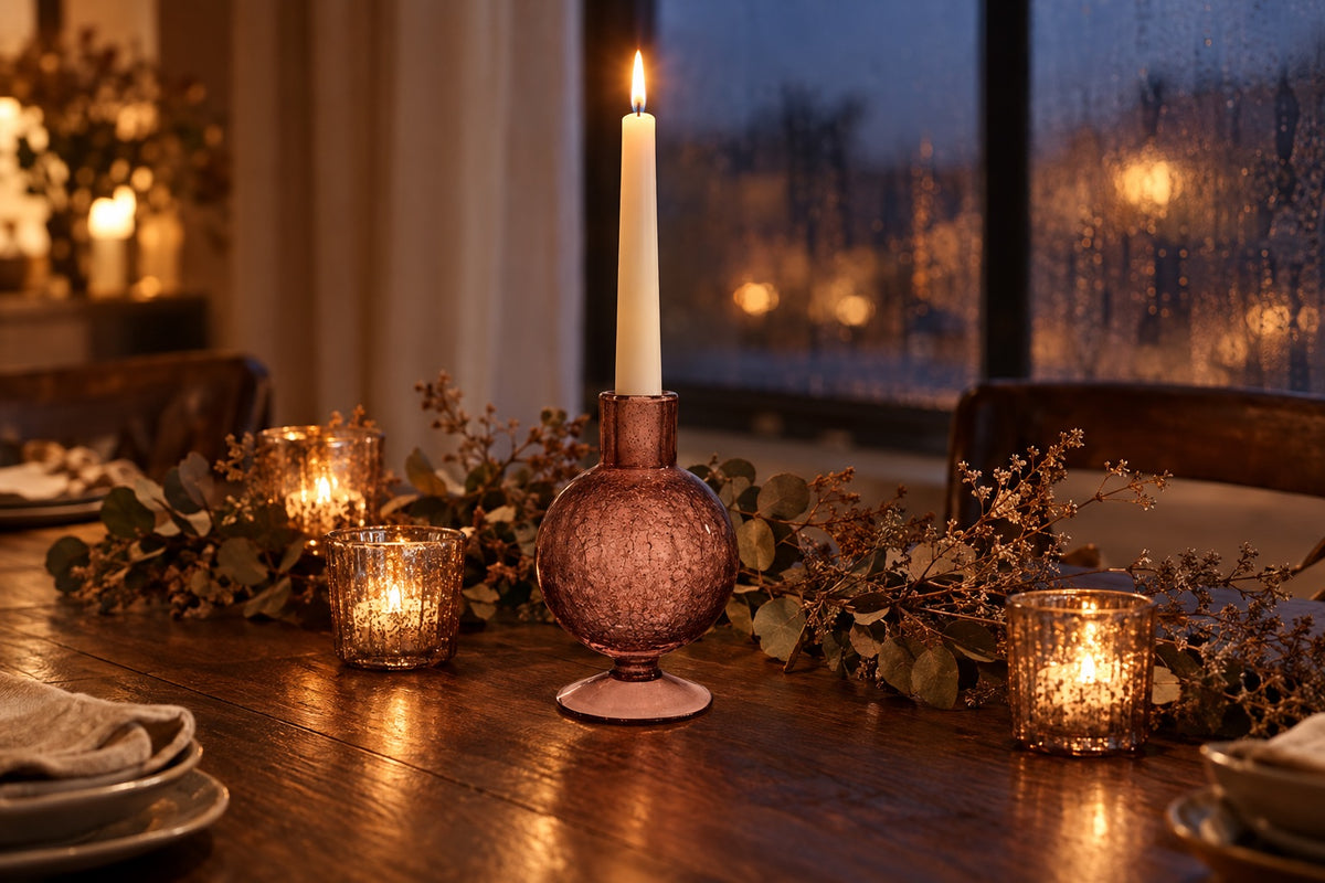 Bougeoir rose en verre avec bougie fine allumée sur une table en bois à la tombée du jour