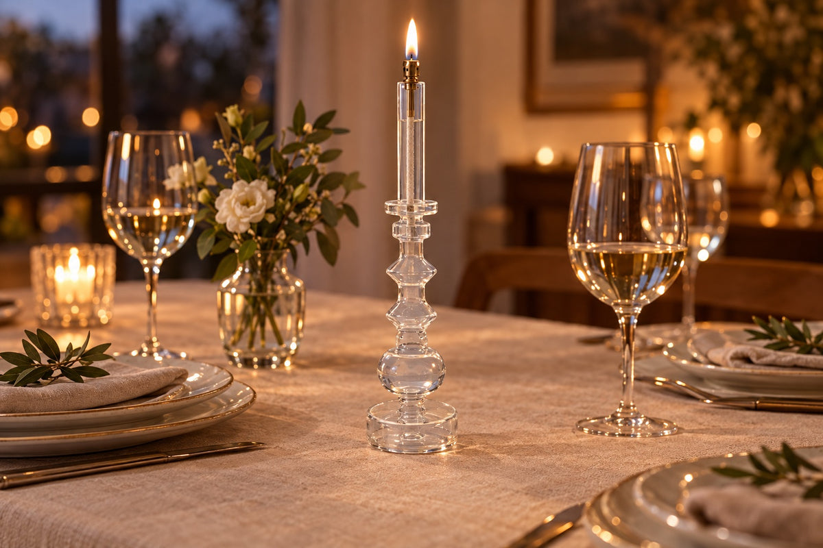 Bougeoir lampe à huile en verre translucide allumé sur une table dressée