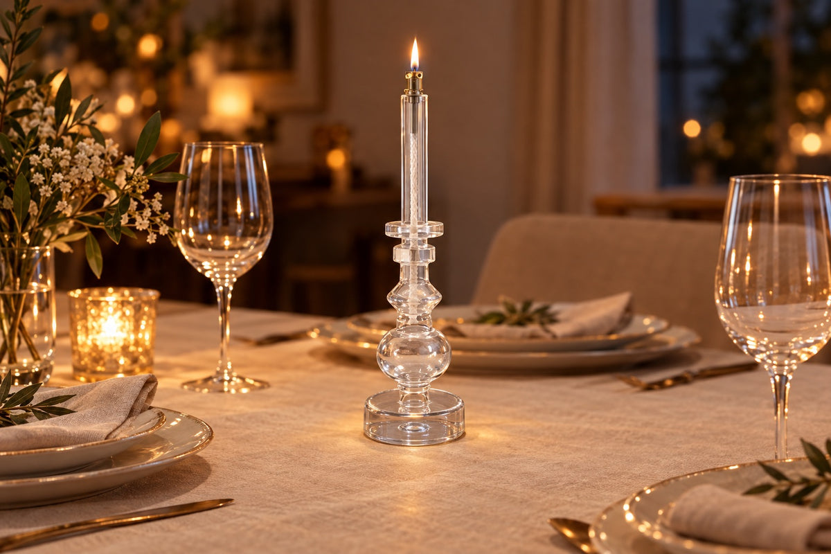 Bougeoir lampe à huile en verre translucide allumé sur une table dressée