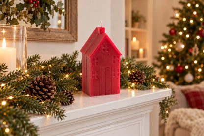 Bougie maison rouge posée sur une cheminée décorée de sapin