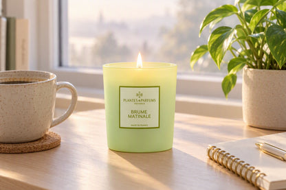 Bougie Brume matinale allumée sur un bureau lumineux avec une tasse de café au petit matin