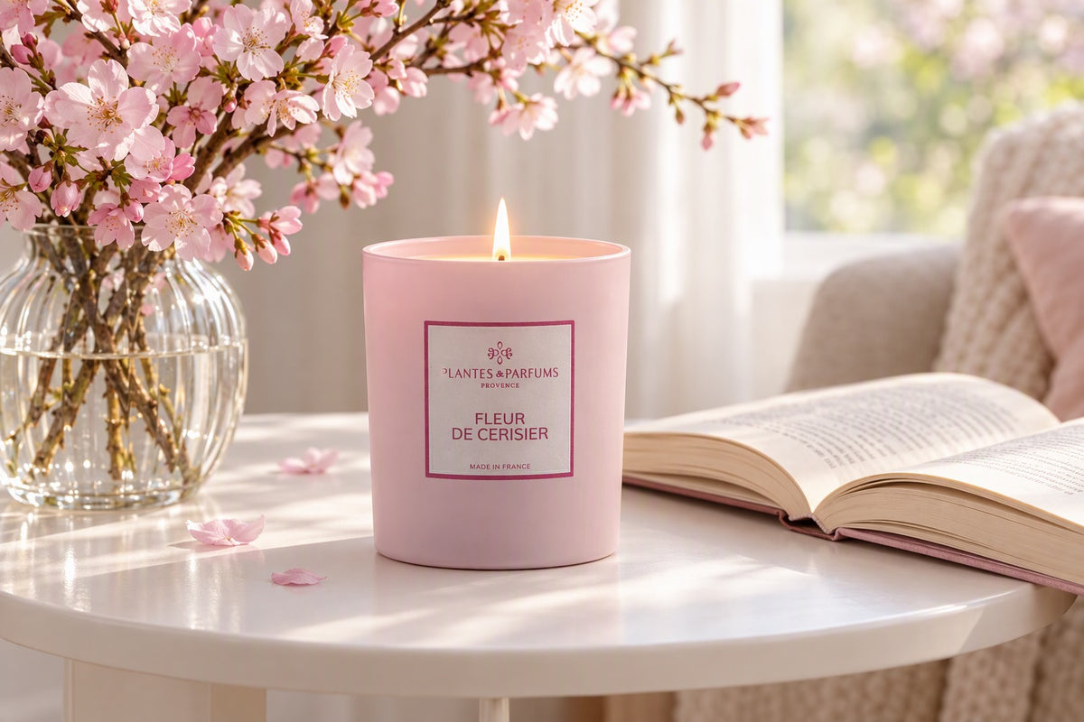 Bougie Fleur de cerisier allumée près d'une branche de cerisier en fleurs dans un vase