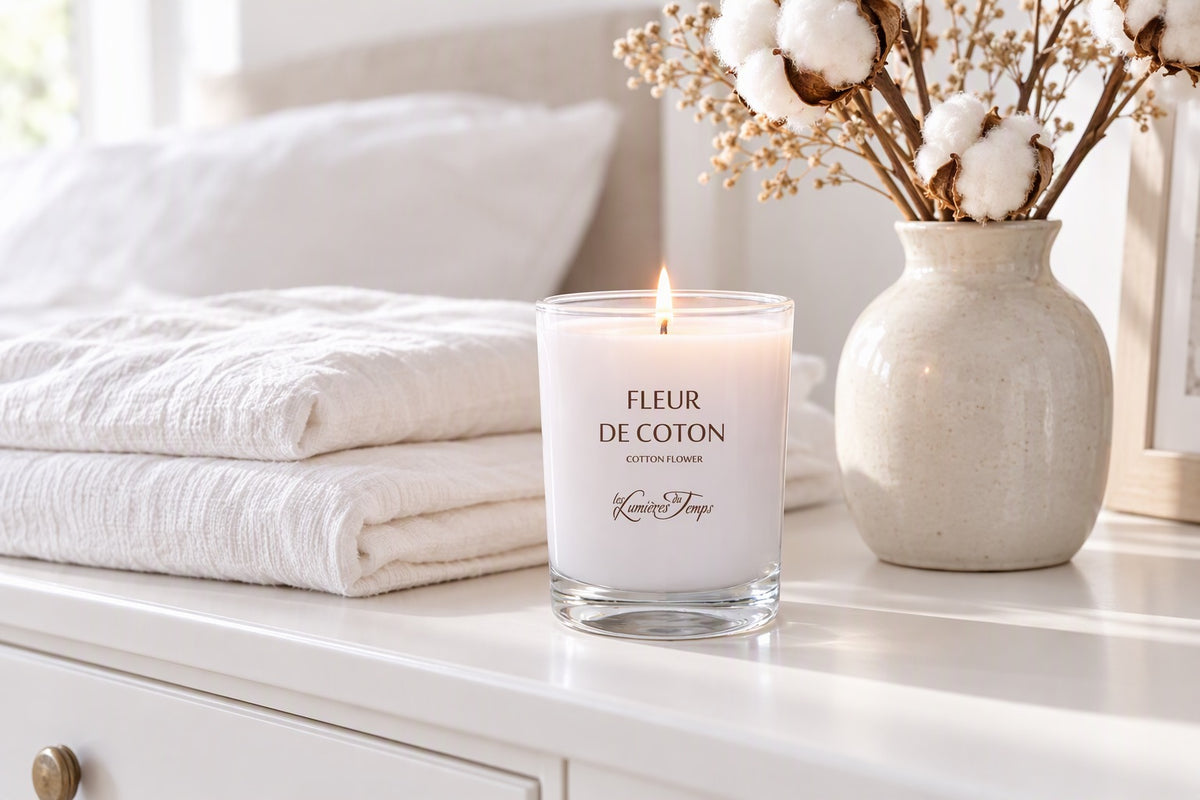Bougie Fleur de coton allumée sur une commode blanche avec du linge plié et des fleurs de coton