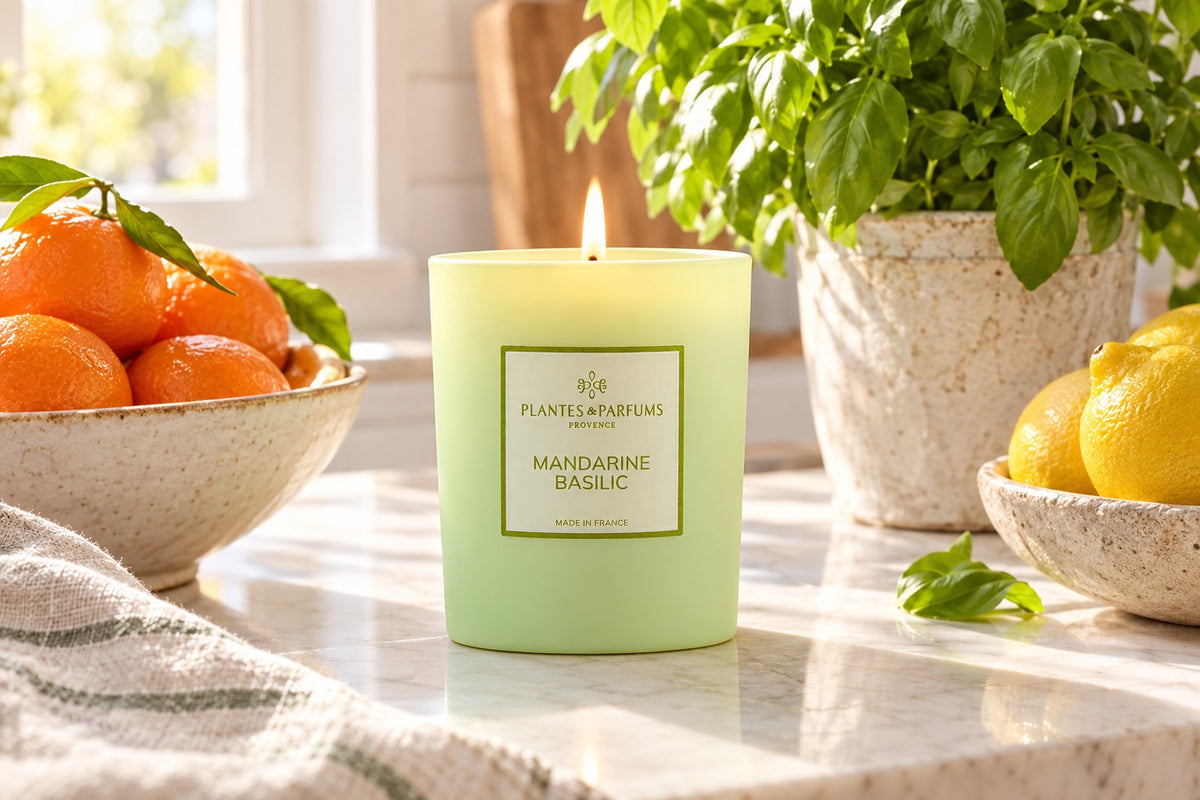 Bougie Mandarine basilic allumée sur un plan de travail de cuisine avec citrons et basilic frais