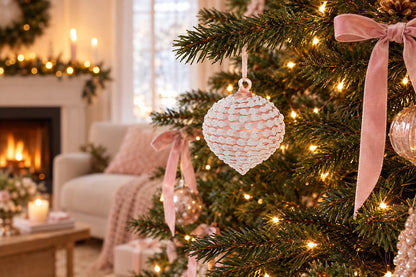 Boule de Noël toupie en verre blanc et rose accrochée au sapin