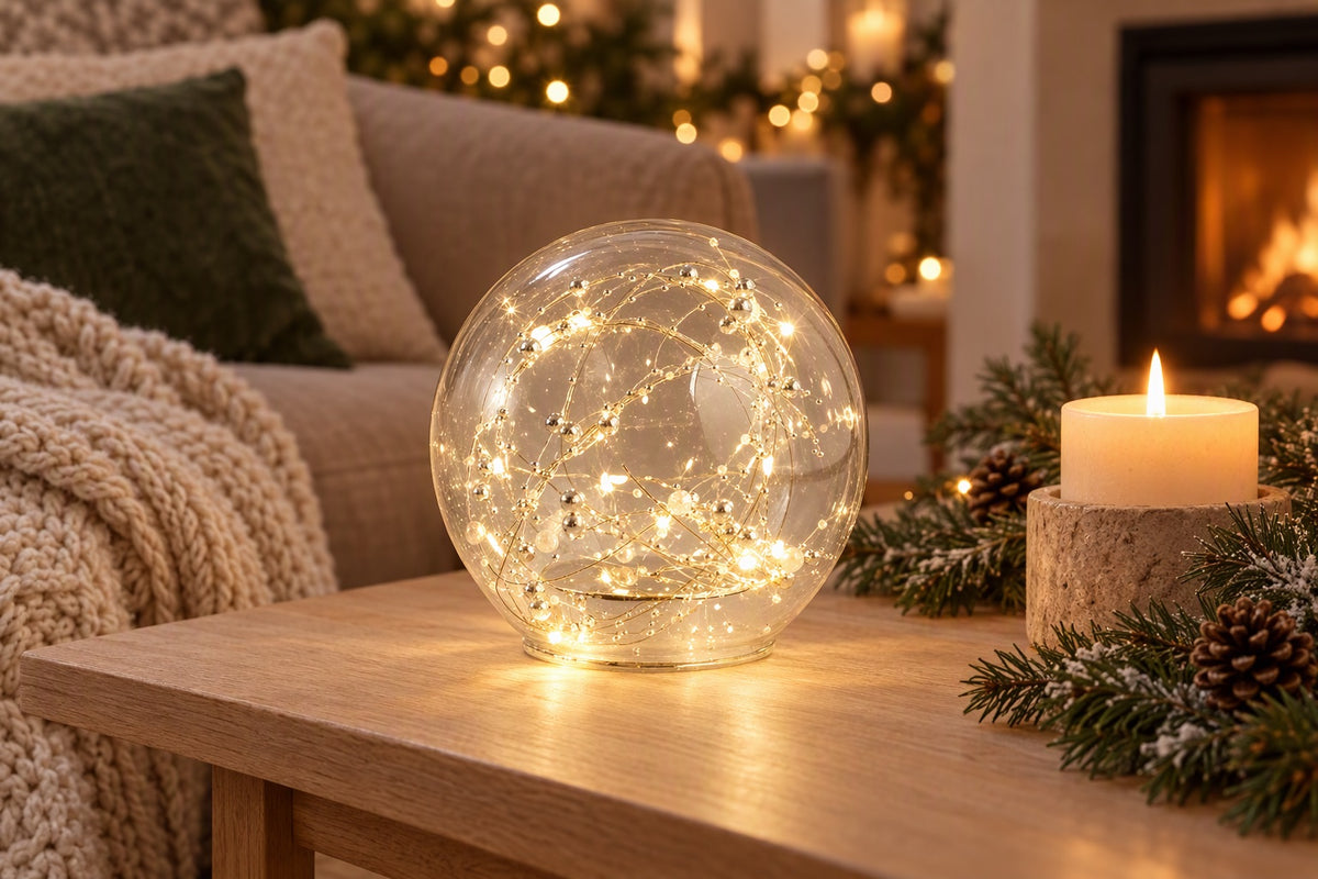 Boule lumineuse LED transparente à fil argenté allumée sur une table avec des branches de sapin