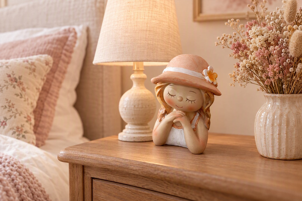 Buste de jeune fille au chapeau fleuri posé sur une table de chevet près d'une lampe