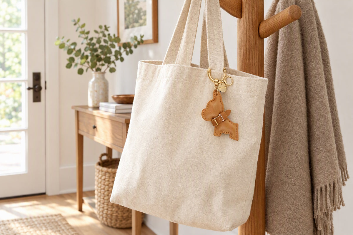 Charm de sac en forme de chien beige accroché à un sac en toile crème