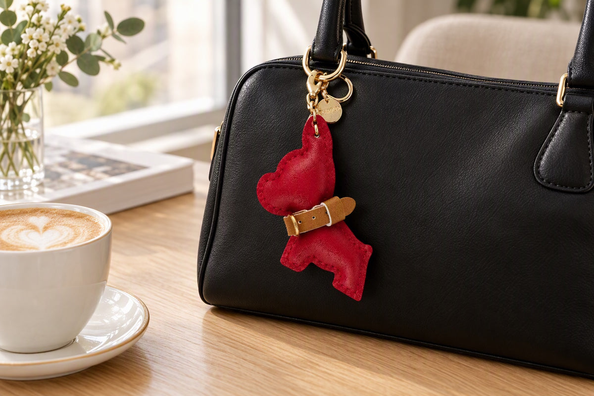 Charm de sac chien bordeaux accroché à un sac à main noir posé sur une table