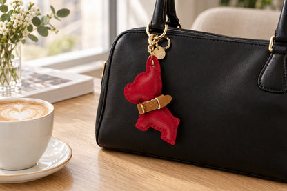 Charm de sac chien bordeaux accroché à un sac à main noir posé sur une table
