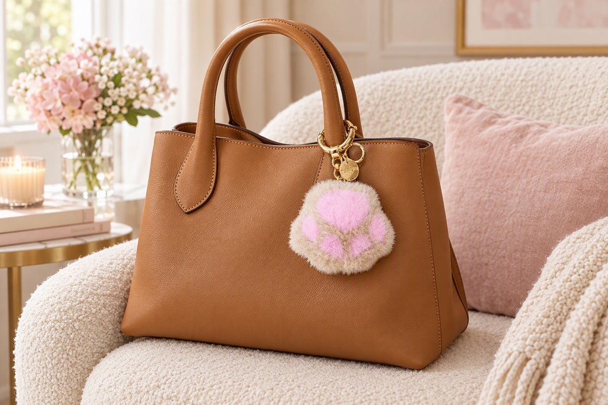 Charm patte de chat beige et rose accroché à un sac à main en cuir camel