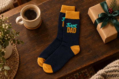 Chaussettes Formi'Dad bleu nuit et orange posées sur une table avec une tasse de café