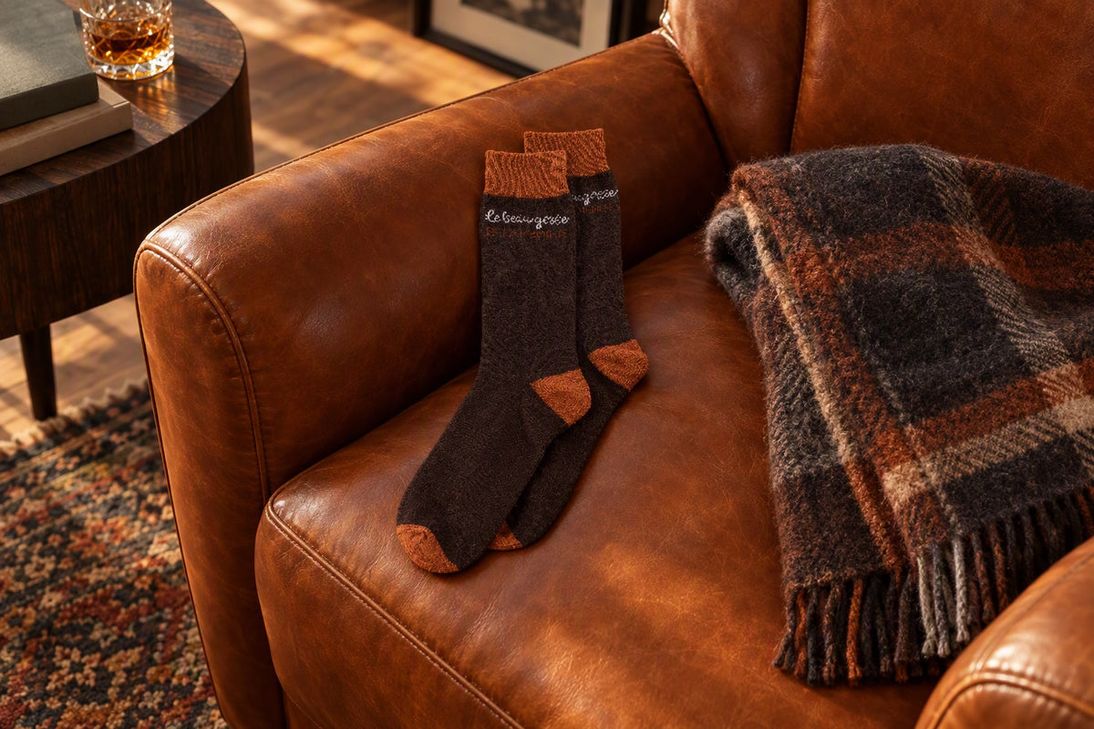 Chaussettes Le beau gosse marron et orange posées sur un fauteuil en cuir