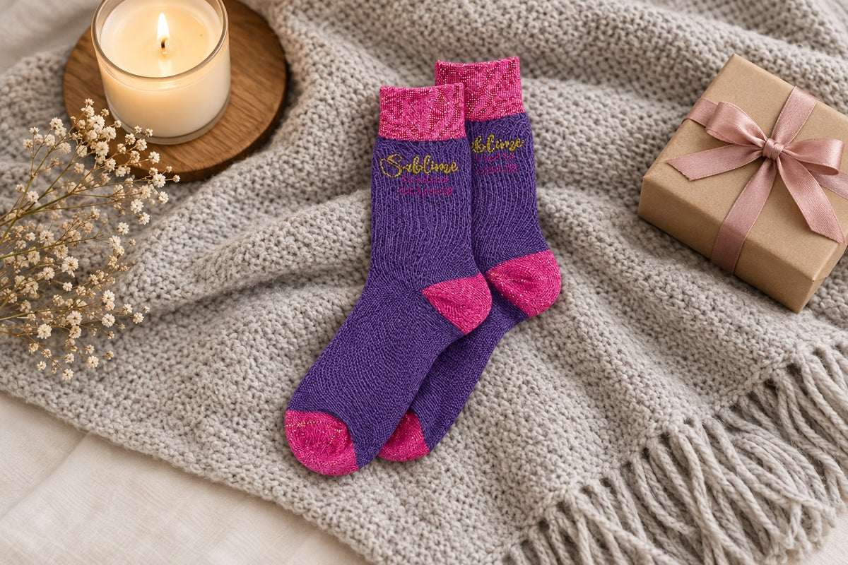 Chaussettes Sublime de la tête aux pieds violet et rose posées sur un plaid