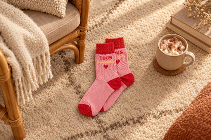 Chaussettes Tous à mes pieds rose et rouge posées sur un tapis près d'un fauteuil