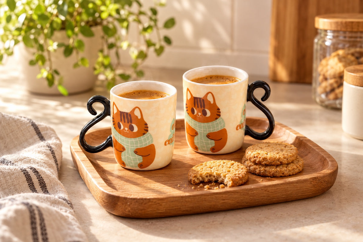 Tasses à espresso Chat caille ici sur un plateau avec des biscuits