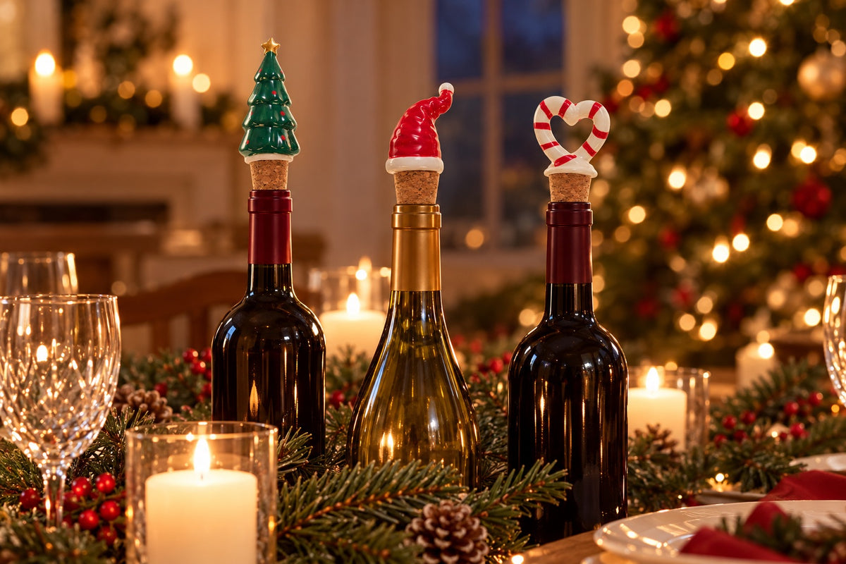 Bouchons de Noël en céramique sur des bouteilles de vin sur une table de fête