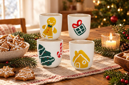 Quatre tasses de Noël en grès sur une table de fête avec des sablés