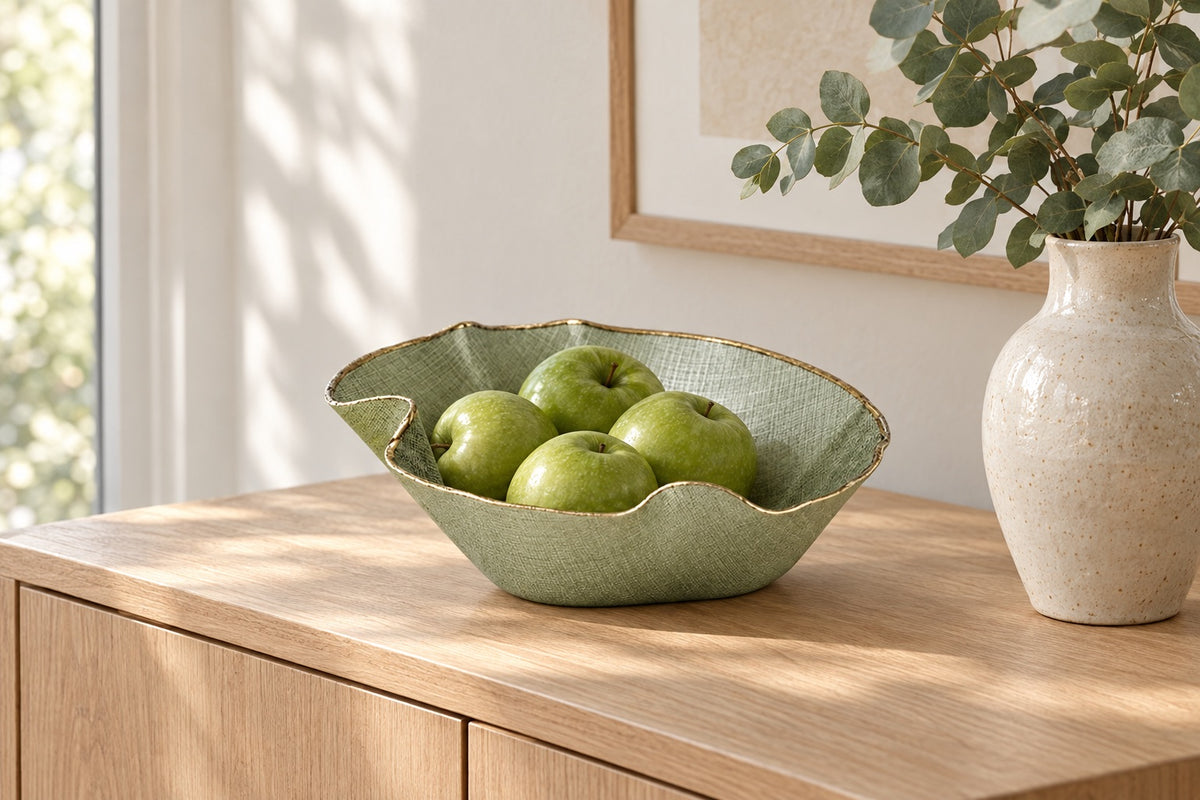 Grande coupe en verre ondulée vert sauge avec des pommes vertes sur un buffet