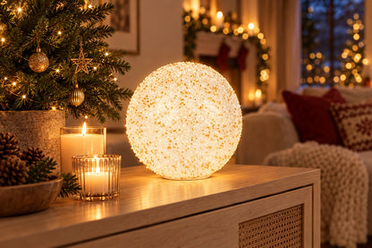 Boule lumineuse LED pailletée blanc et doré allumée sur une console