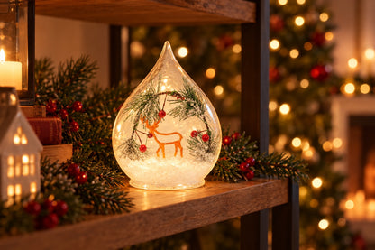 Goutte lumineuse LED en verre avec renne allumée sur une étagère de Noël