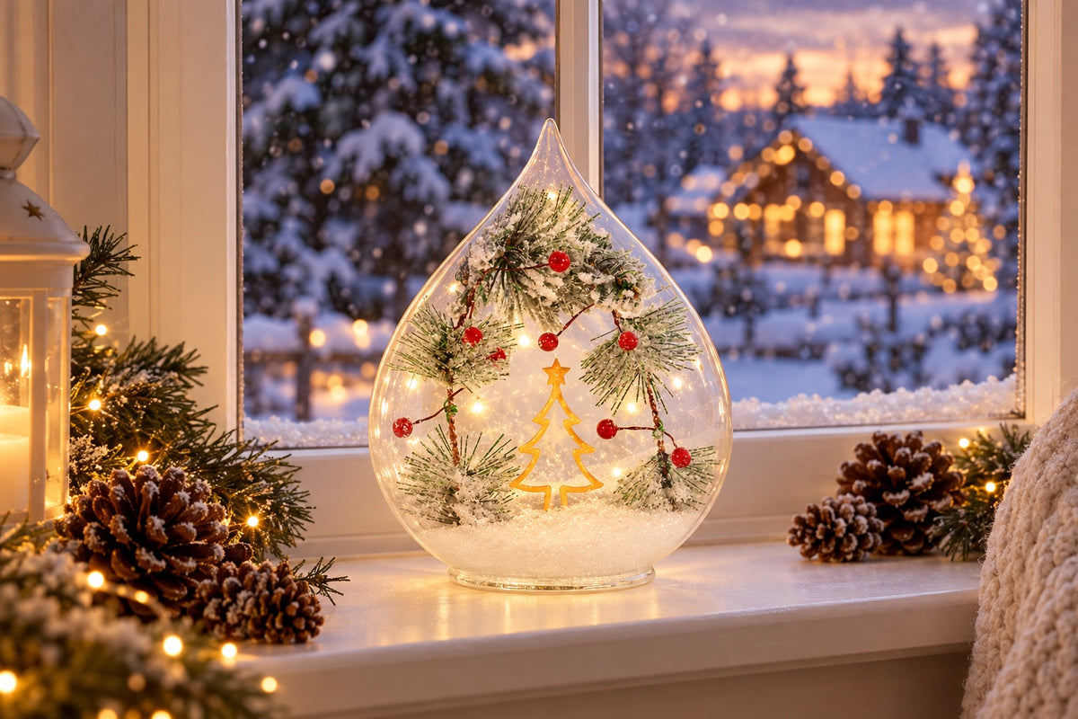 Goutte lumineuse LED en verre avec sapin allumée sur un rebord de fenêtre