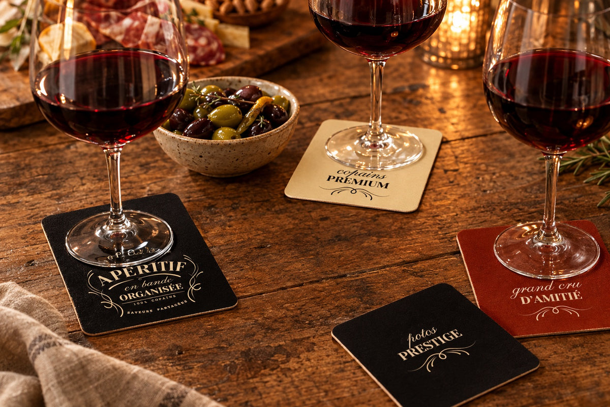 Dessous de verres En bande organisée avec des verres de vin sur une table
