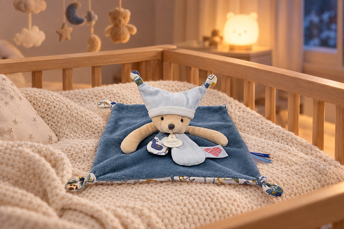 Doudou ourson bleu plat posé sur une couverture tricot dans un berceau en bois
