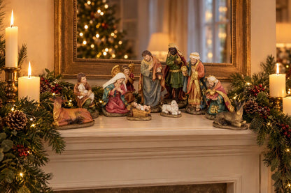 Santons de crèche beige rouge et or disposés sur une cheminée décorée de sapin et de bougies