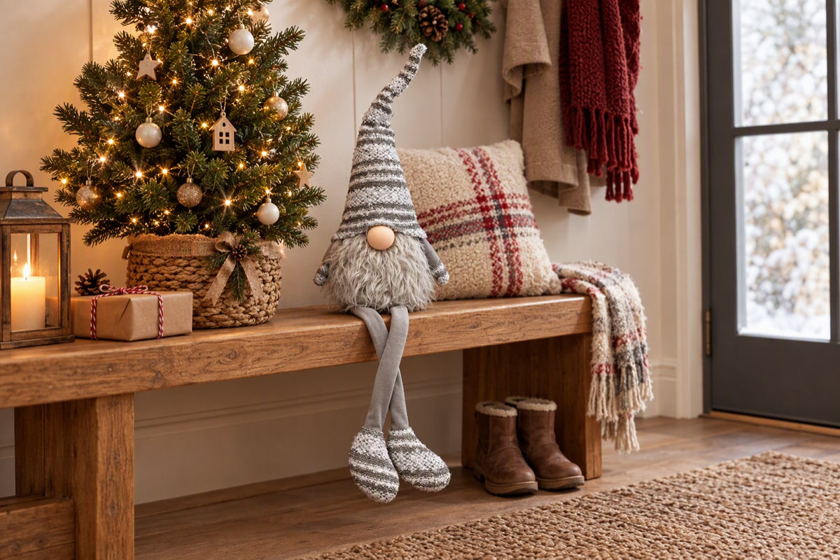 Grand gnome de Noël jambes pendantes posé dans une décoration de Noël