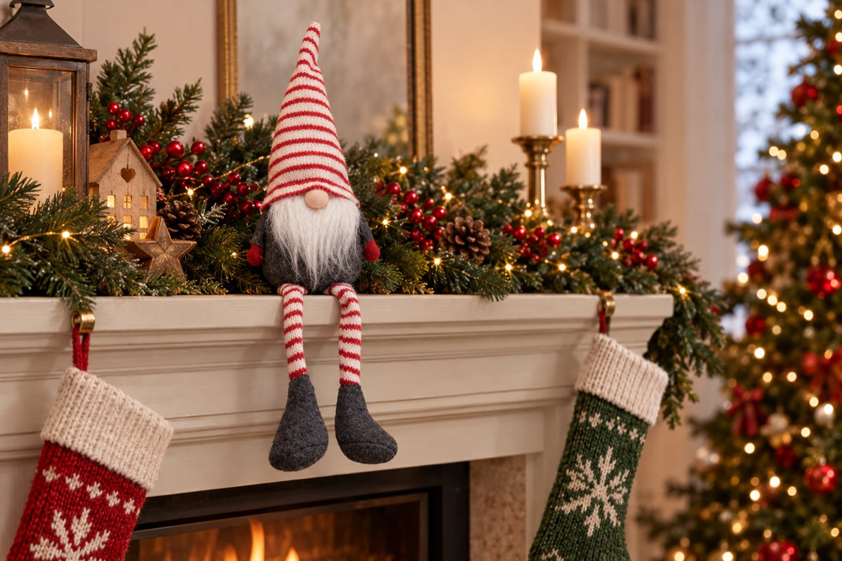 Gnome de Noël jambes pendantes posé dans une décoration de Noël
