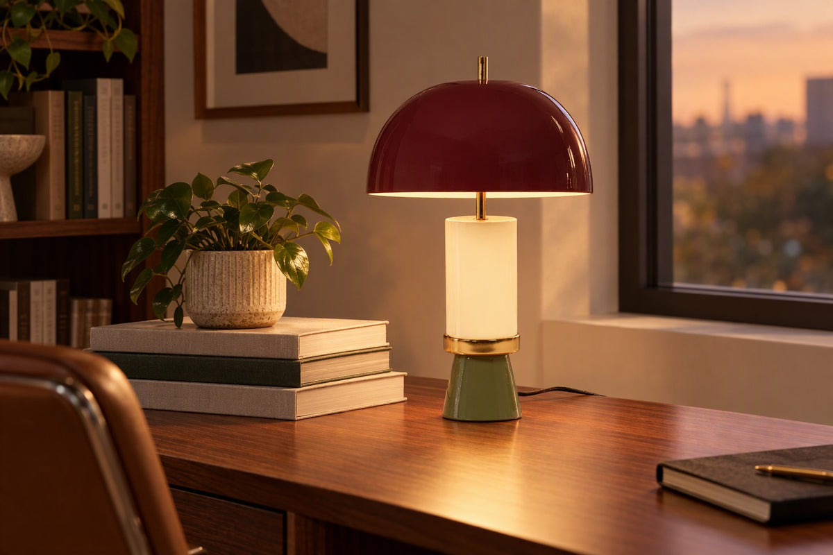 Lampe à poser dôme bordeaux allumée sur un bureau en bois