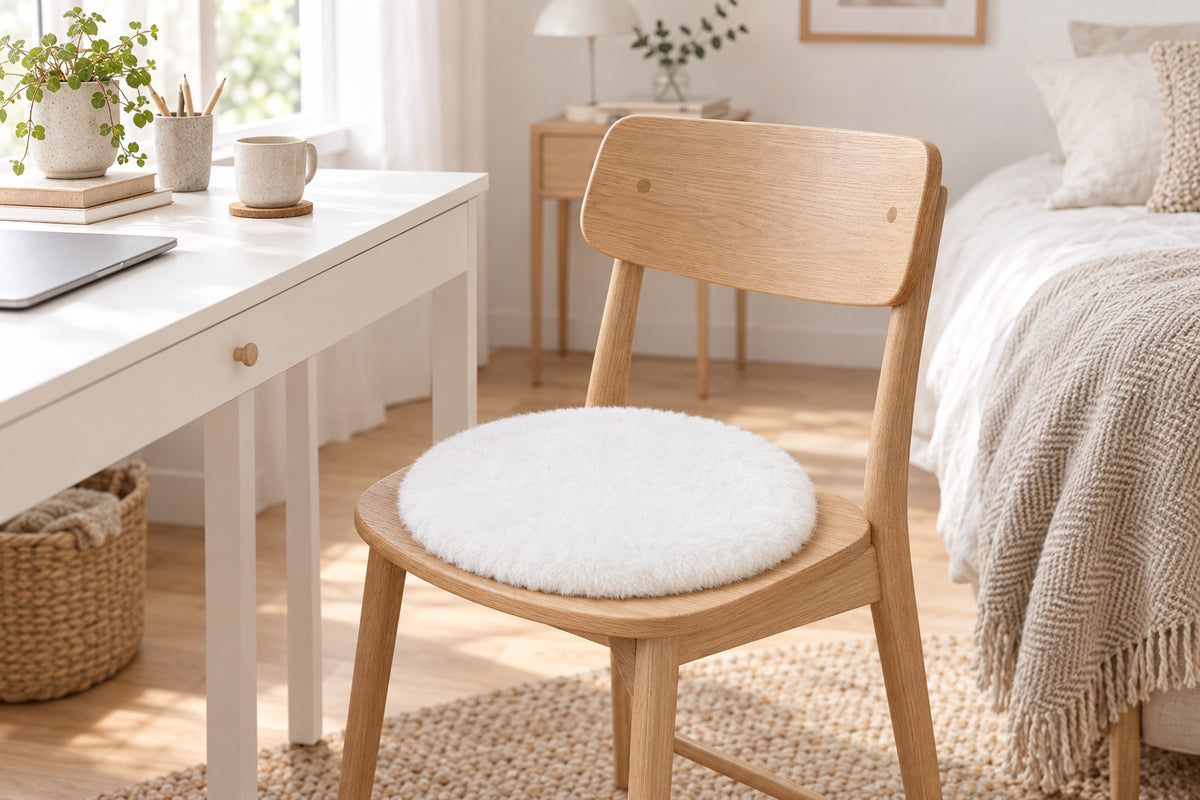 Mini tapis rond en fausse fourrure blanche posé sur une chaise en bois