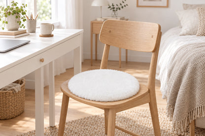Mini tapis rond en fausse fourrure blanche posé sur une chaise en bois