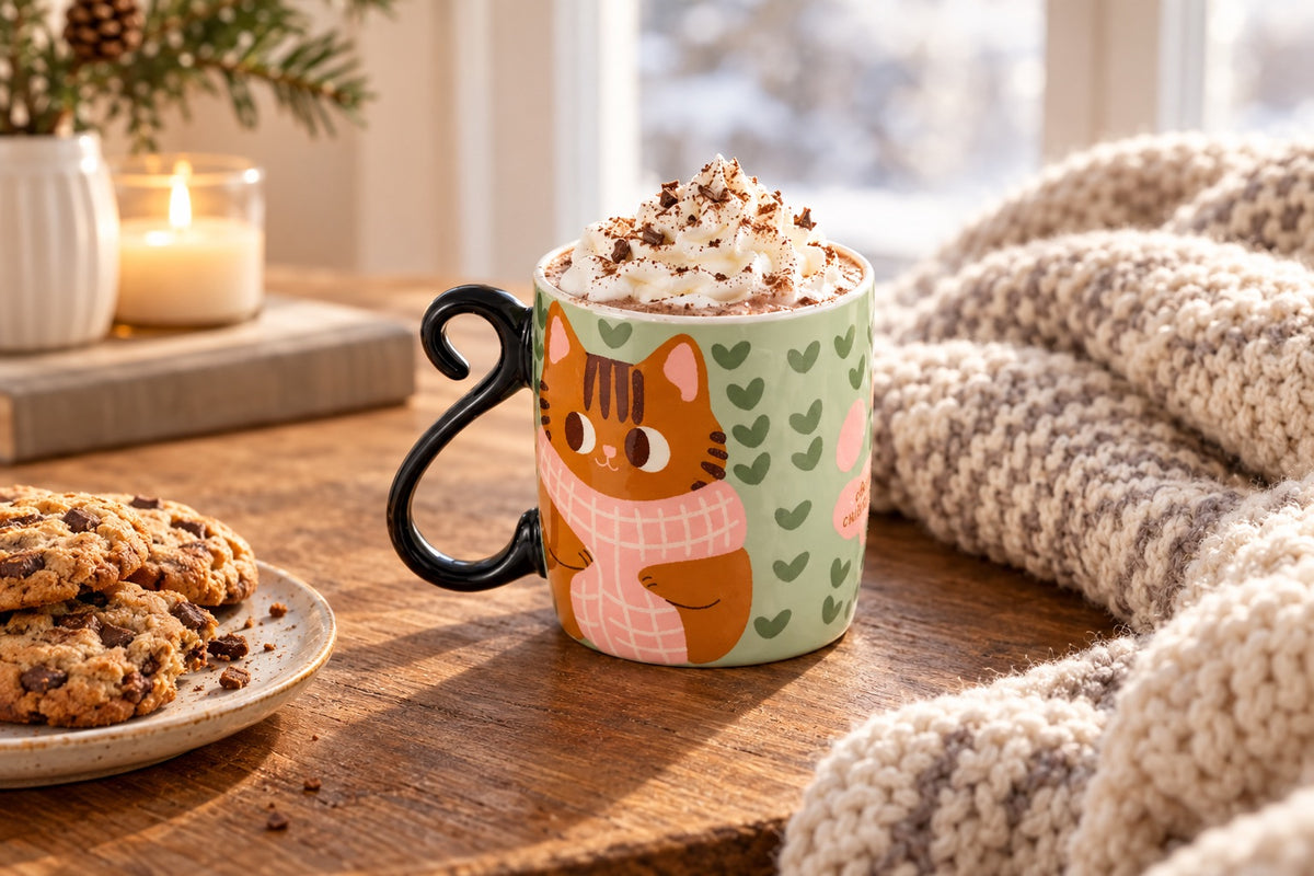 Mug Chat caille ici rempli de chocolat chaud sur une table près d'un plaid