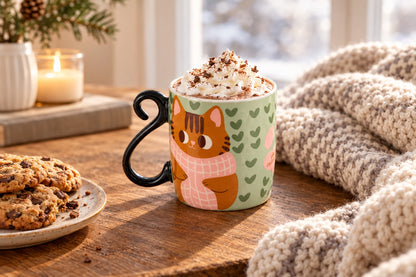 Mug Chat caille ici rempli de chocolat chaud sur une table près d'un plaid