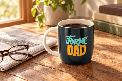 Mug Formi'Dad bleu nuit rempli de café posé sur une table en bois avec un journal